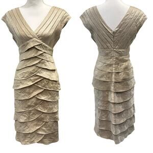 Adrianna Papell‎ Champagne Gold Metallic Tiered Ruffle Empire Waist Dress Size 4